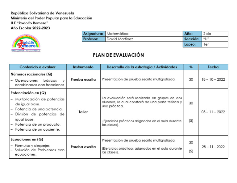 Matemática - 2do Año - I Lapso 22-23 | PDF