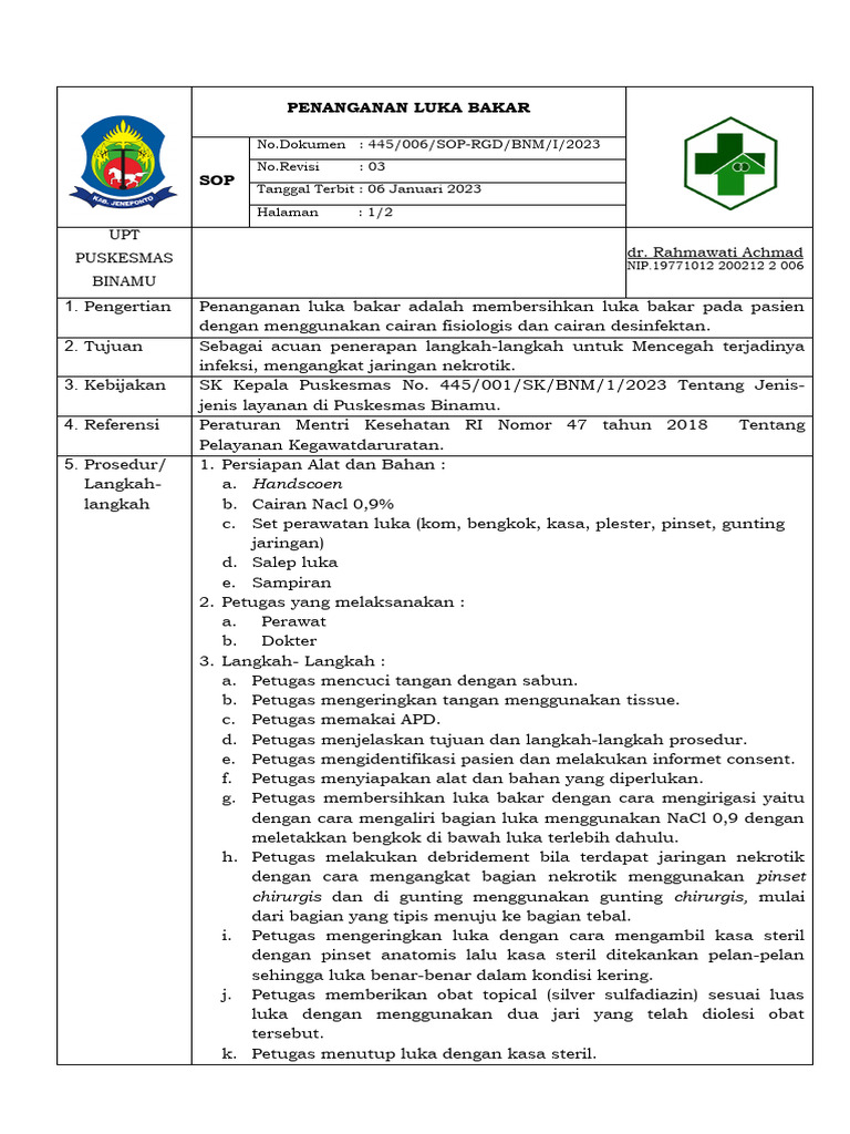 SOP Penanganan Luka Bakar Puskesmas | PDF