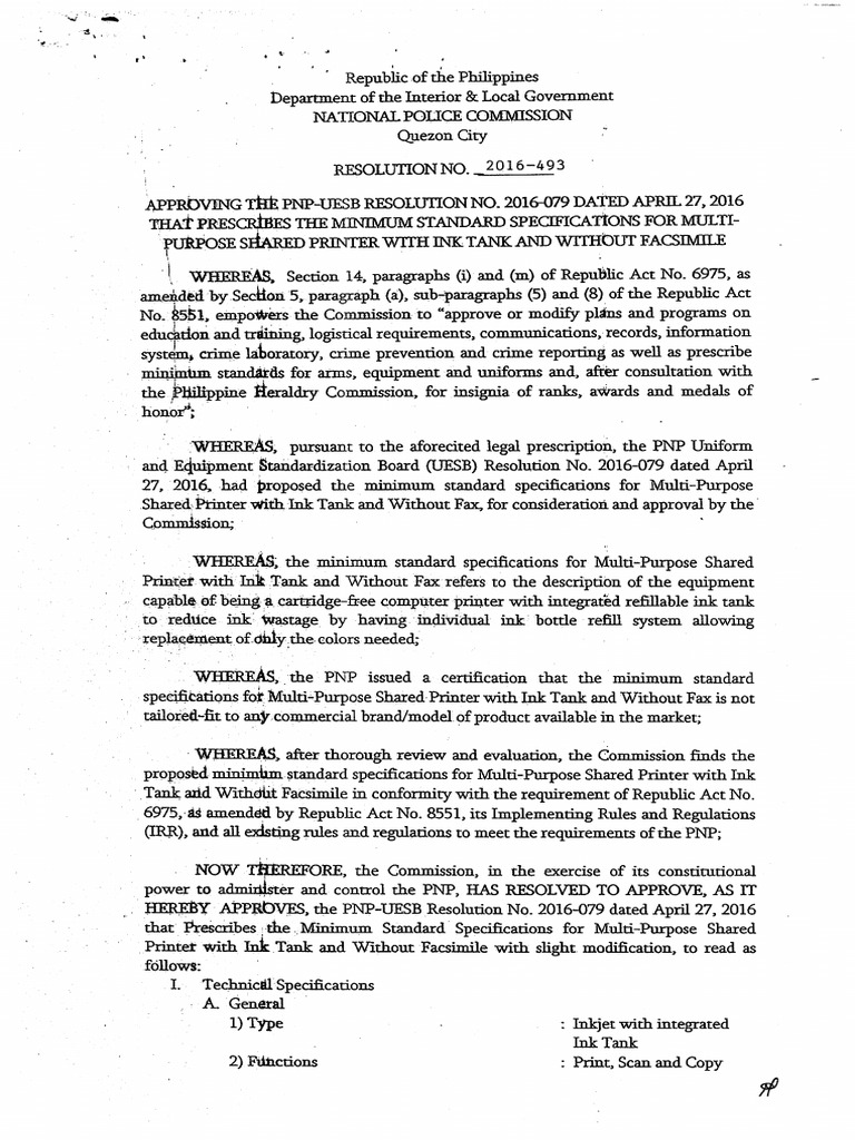 NAPOLCOM Resolution No. 2016-493 Multi Purpose Printer | PDF