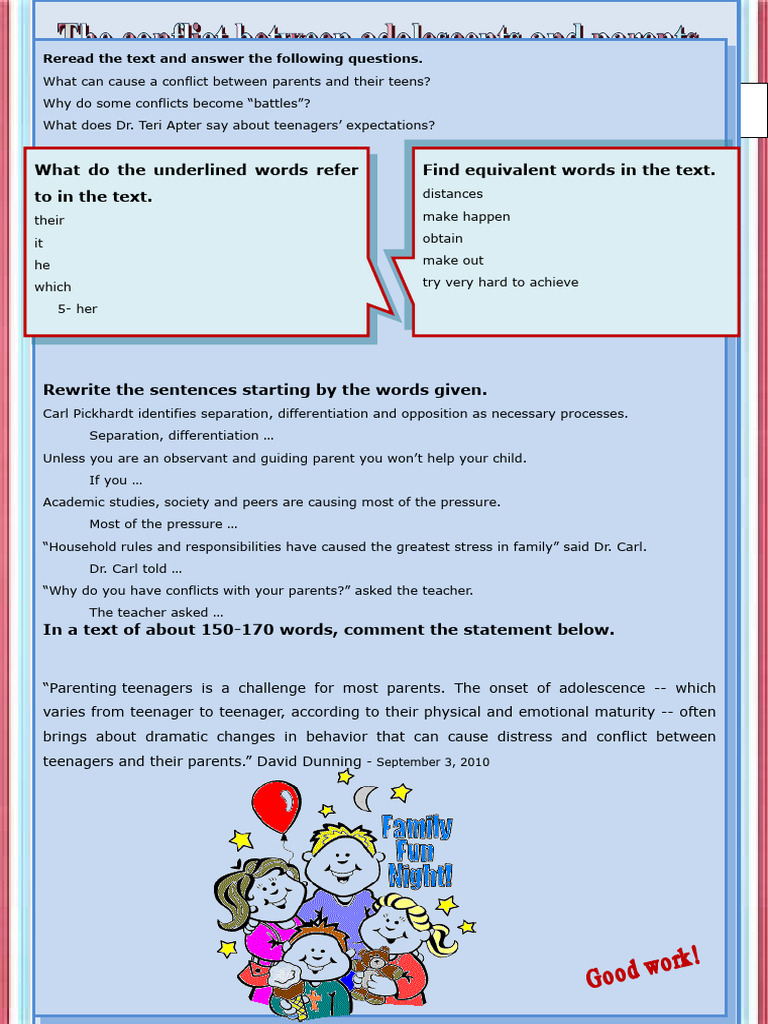 Conflicts Between Teens and Parents Reading Comprehension Exercises ...