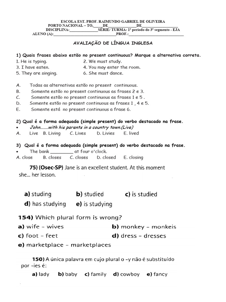 1 Ano Avaliação de Língua Inglesa 2 Bimestre 2011 | PDF