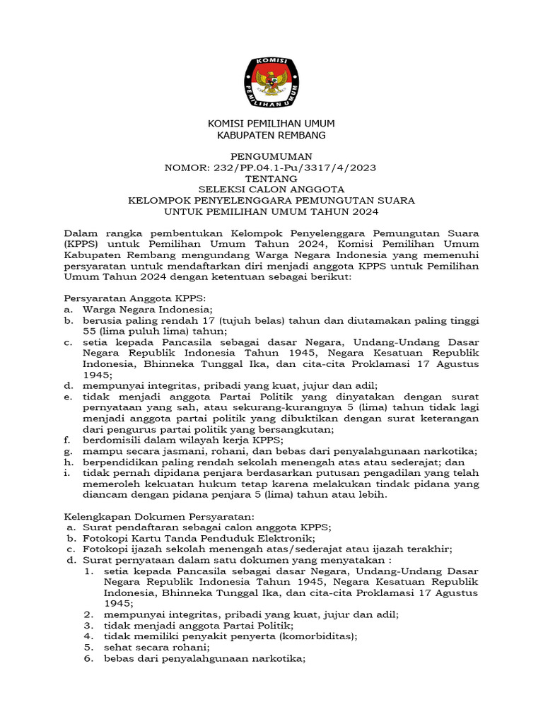 Seleksi Anggota KPPS Pemilu 2024 Rembang | PDF