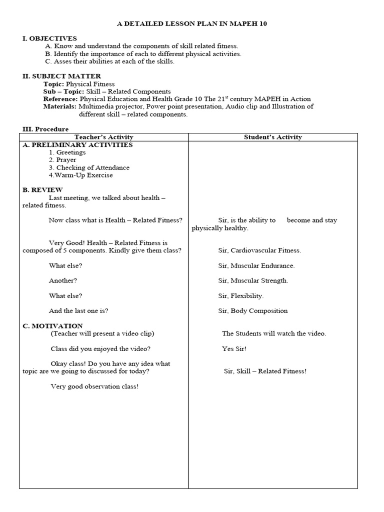 MAPEH 10 Skill-Related Fitness Plan | PDF | Physical Fitness | Physical ...
