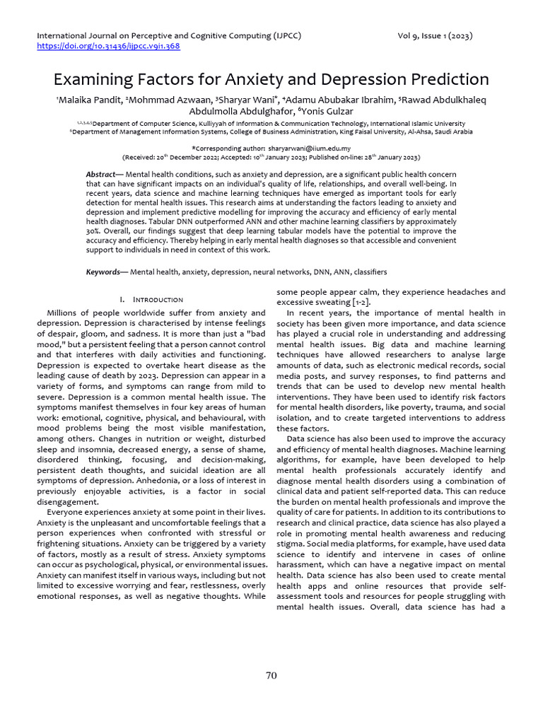 Examining Factors For Anxiety and Depression Prediction | PDF | Mental ...