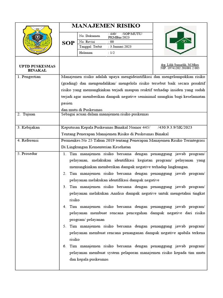SOP Manajemen Risiko Puskesmas Binakal | PDF