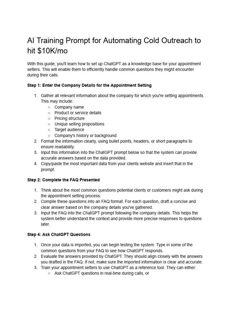 AI Training Prompt For Automating Cold Outreach To Hit $10k-Mo-1 | PDF ...