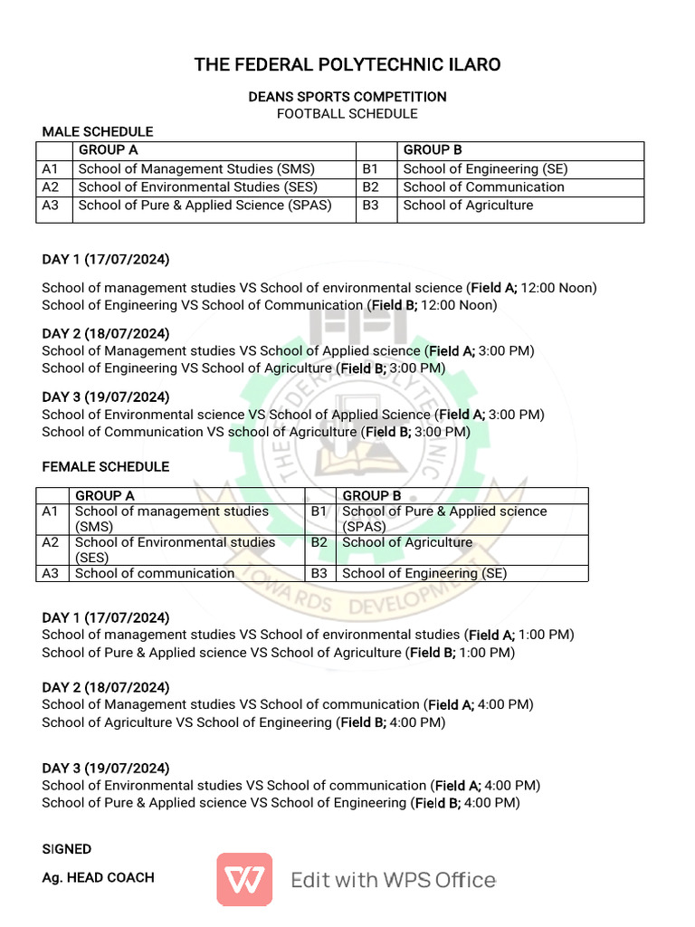 Ilaro Polytechnic Football Competition Schedule | PDF