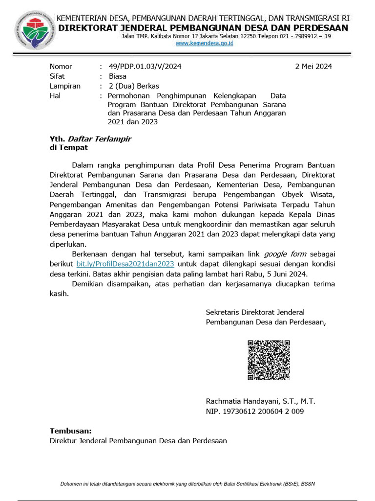 Surat Penghimpunan Kelengkapan Data Program Bantuan Direktorat PSPDP T ...