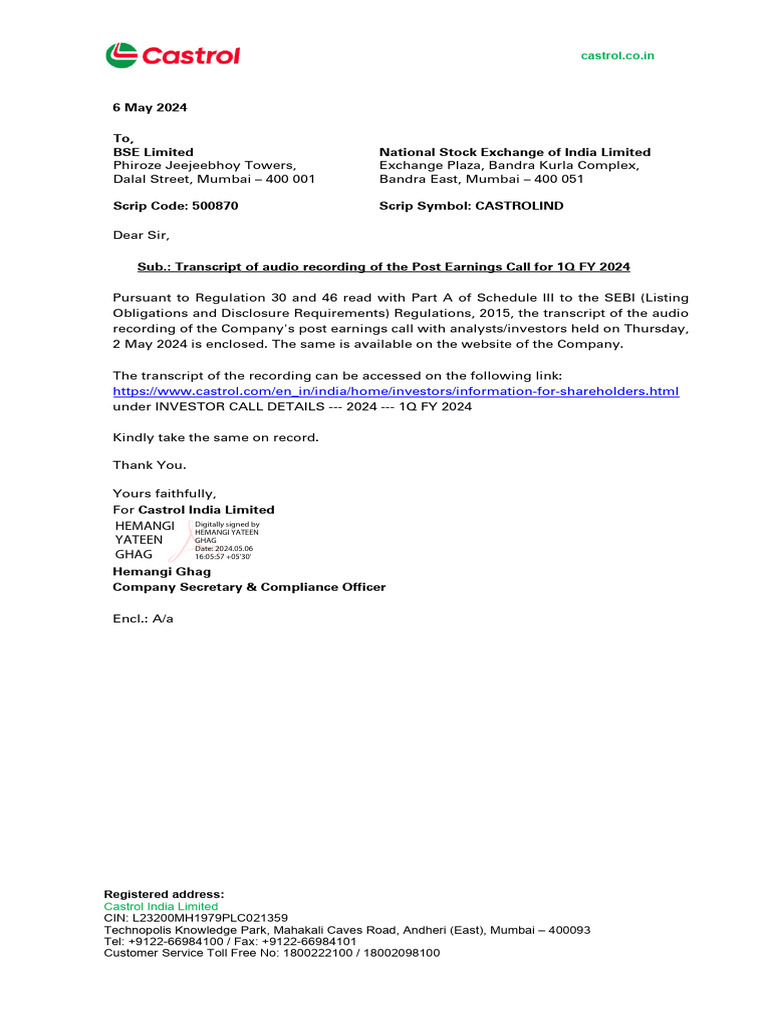 Castrol India 1Q FY 2024 Earnings Call Transcript | PDF | Brand | Lubricant