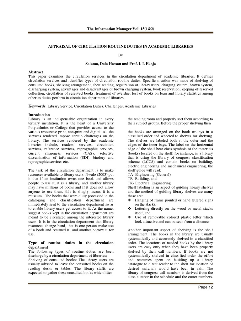 Appraisal of Circulation Routine Duties in Academic Libraries (2016 ...