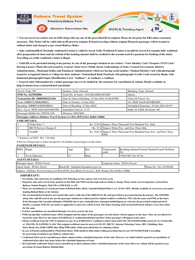 VIVEK TD Train TKT DBRG TO NJP | PDF | Identity Document