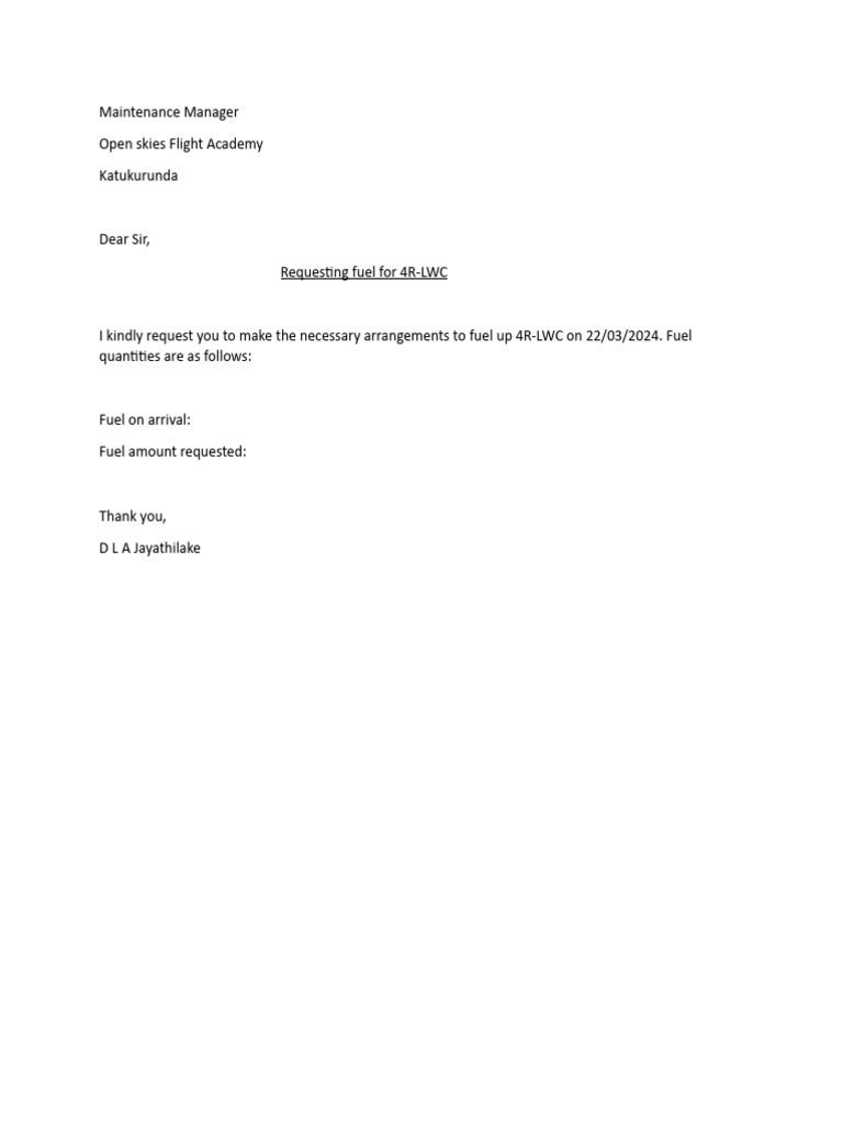 Fuel Request for 4R-LWC on 22/03/2024 | PDF