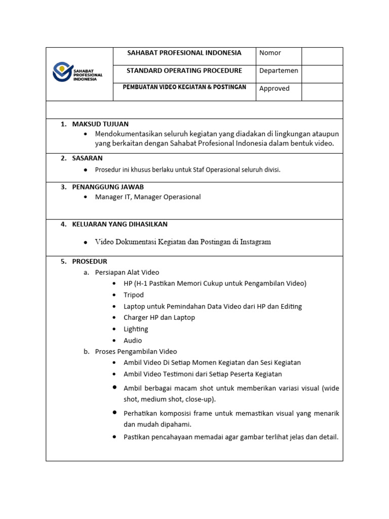SOP Pembuatan Video Kegiatan SPI | PDF | Teknologi & Rekayasa