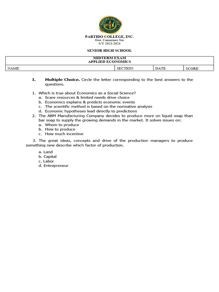Applied Economics Midterm Exam Pdf Economics Labour Economics