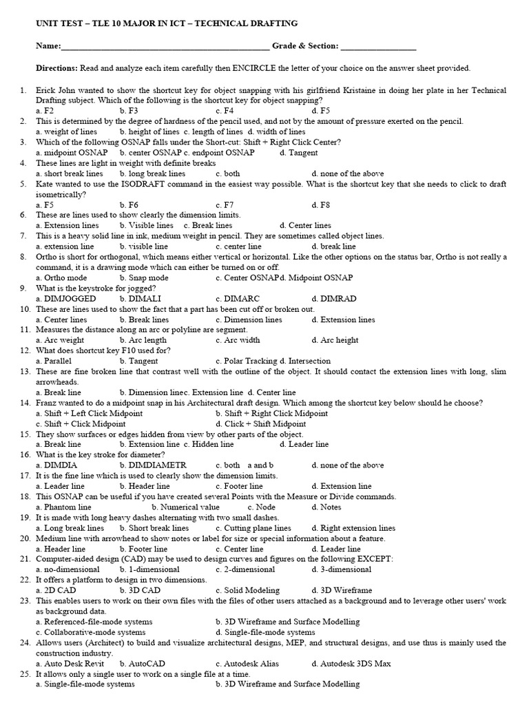 TLE 10 ICT Unit Test: Technical Drafting | PDF | Autodesk | 3 D ...