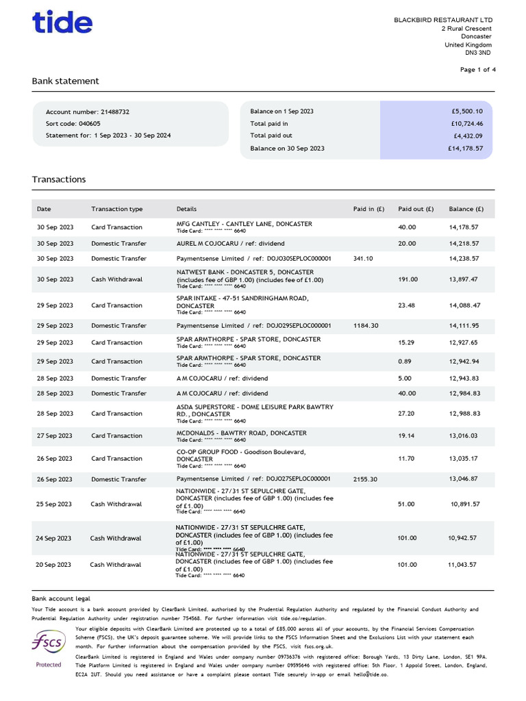 Tide Bank Statement: Sep 2023 | PDF | Banks | Business