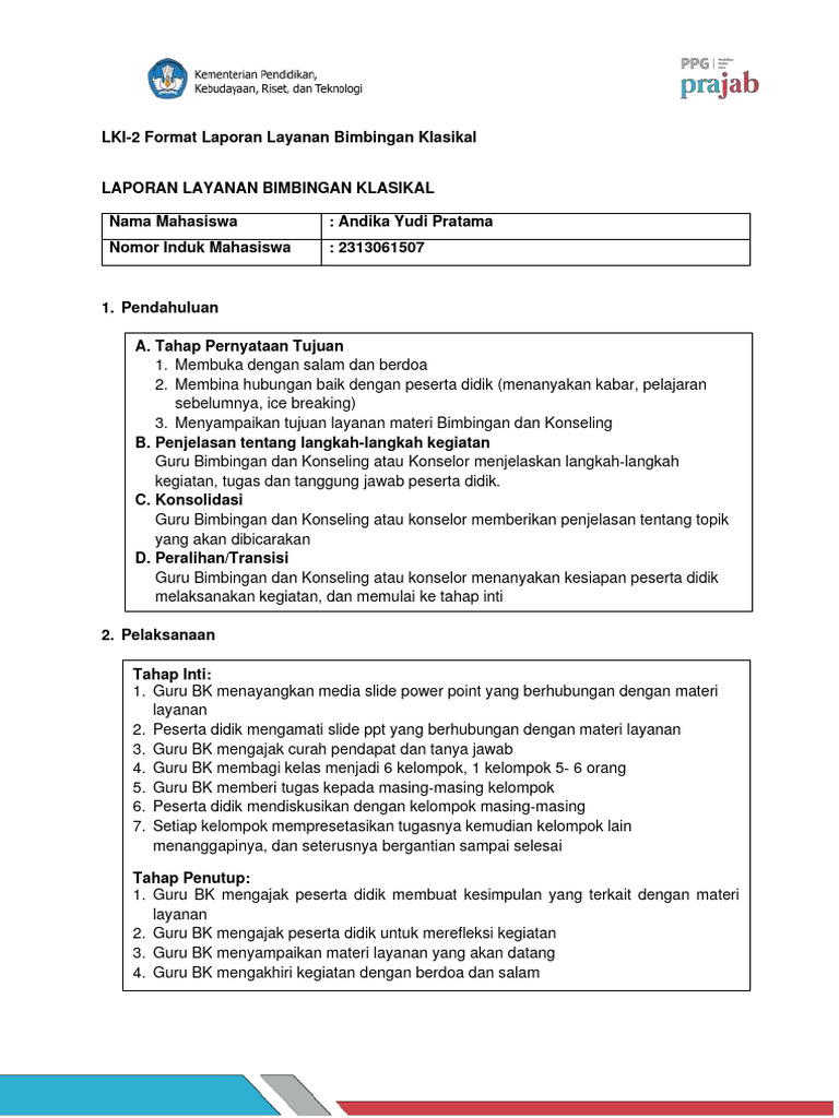 Laporan Layanan Bimbingan Klasikal | PDF | Karier & Perkembangan