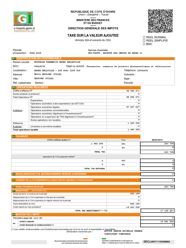 Déclaration de TVA Côte d'Ivoire 2024 | PDF | Taxe sur la valeur ...