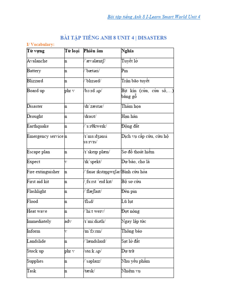 English 8 Unit 4: Disasters Exercises | PDF | Tsunami | Natural Disasters