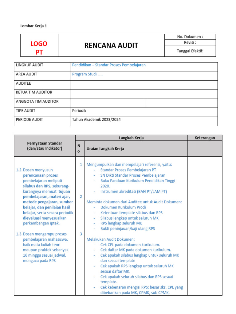 Rencana Audit Proses Pembelajaran 2023 | PDF