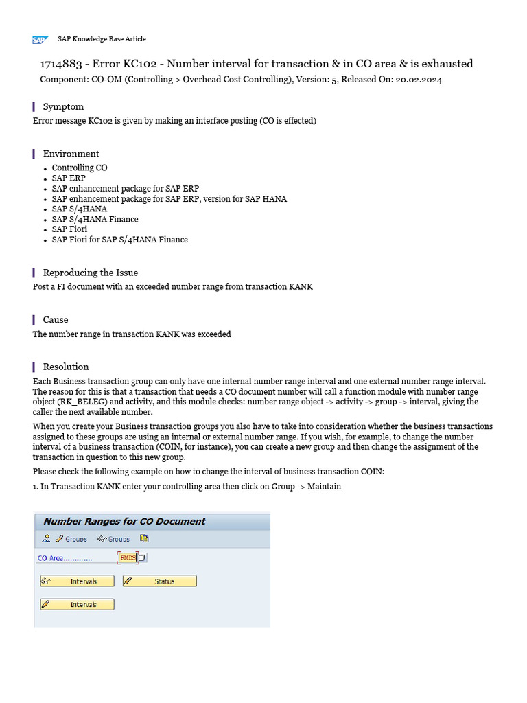 Error kc102 number interval for transaction in co area is