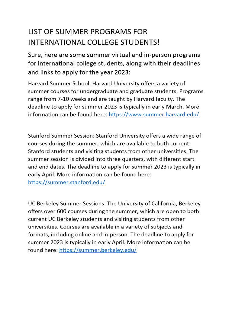 List of Summer Programs For International College Students | PDF ...