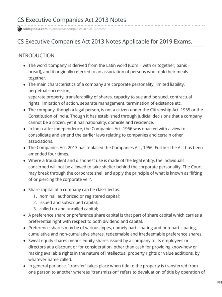 CS Executive Notes: Companies Act 2013 | PDF | Dividend | Debenture