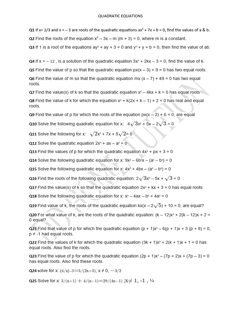 Cbse Ncert 10th Math Chapter Quadratic Equation Important Questions ...