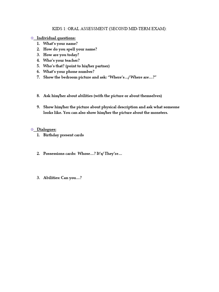 Kids 1 Oral Assessment Guide | PDF