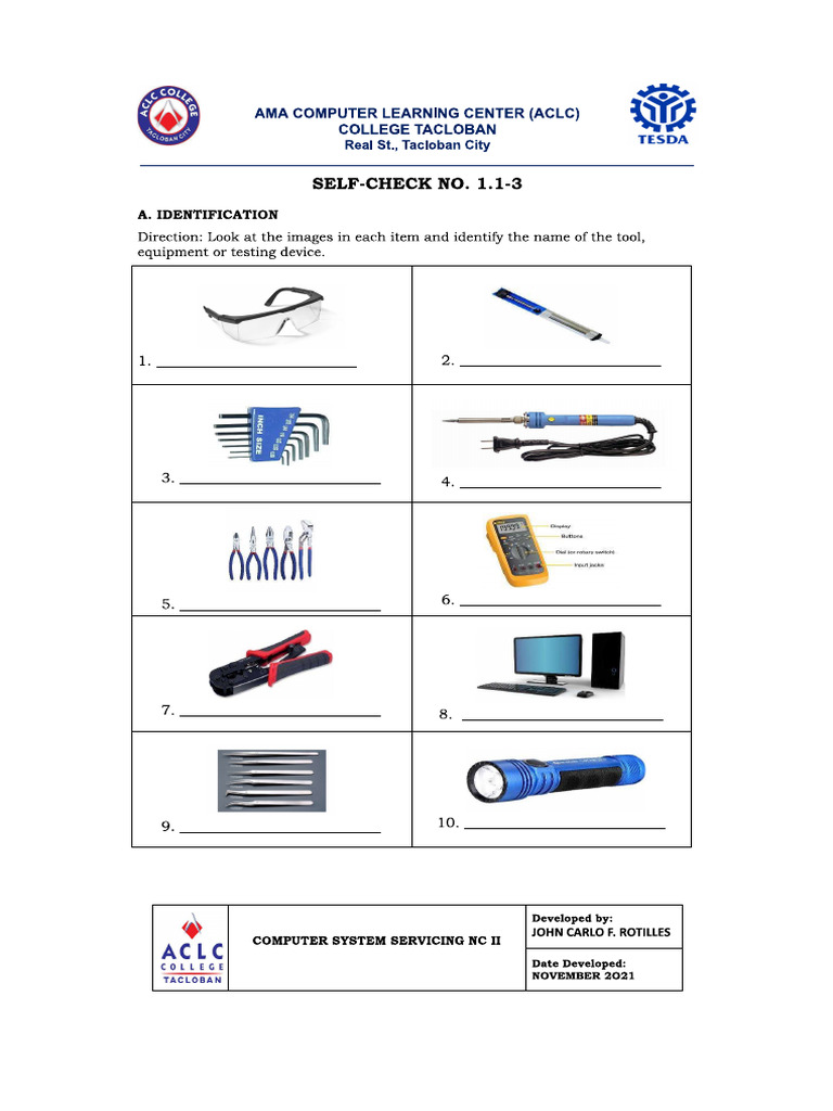 Self Check 1.1-3 Tools, Equipment and Materials | PDF
