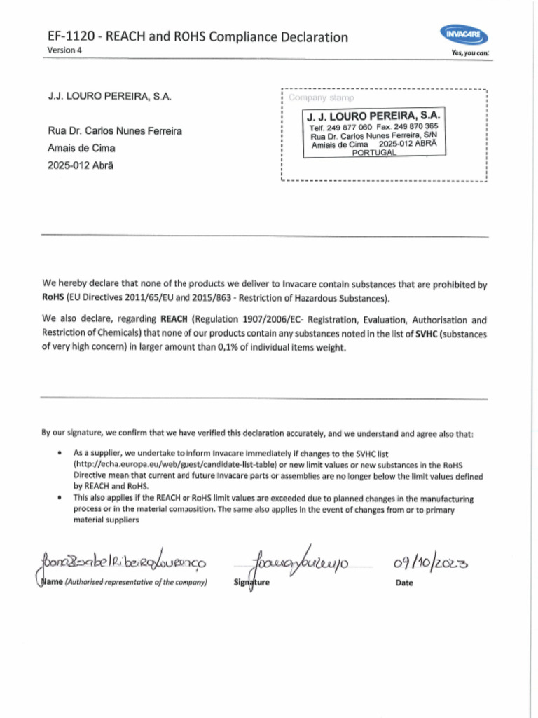 Ef 1120 Reach and Rohs Compliance Declaration | PDF