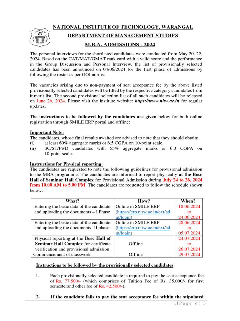 MBA Admissions July 2024 Session 2024-6-11-18-15-11 | PDF | Fee ...
