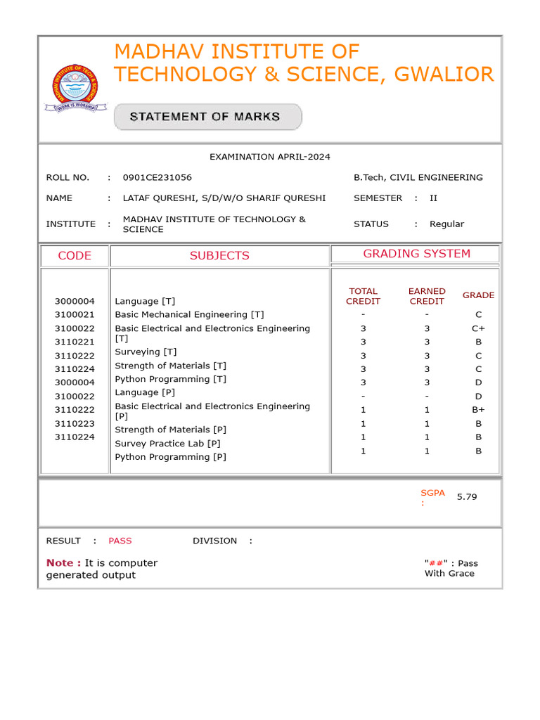 B.Tech Civil Engineering Exam Results | PDF | Engineering | Computer ...