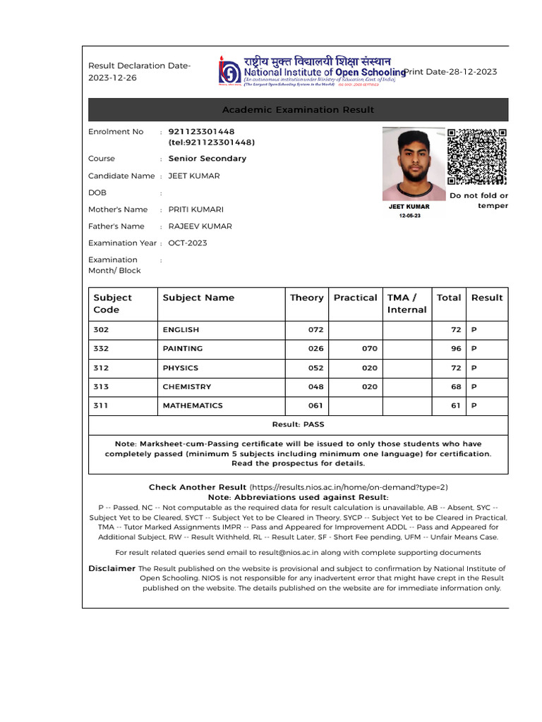 NATIONAL INSTITUTE OF OPEN SCHOOLING RESULT 2022 12TH CLASS visual data 4