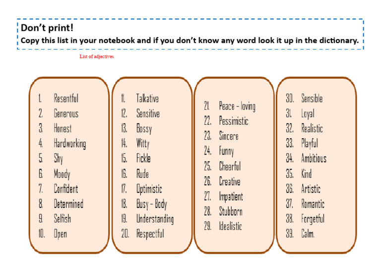Essential Adjectives List for Learning | PDF