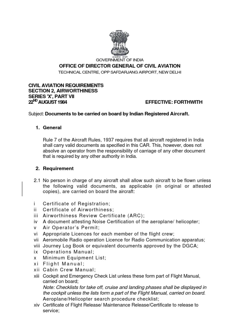 Documents To Be Carried On Board by Indian Registered Aircraft PDF