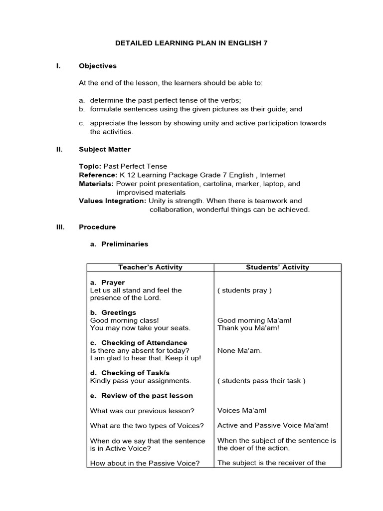 Past Perfect Tense Lesson Plan for Grade 7 | PDF | Perfect (Grammar ...