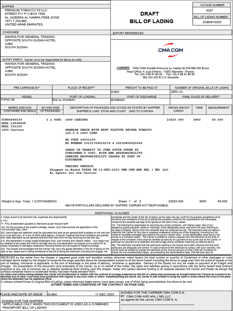 Wahda - Dxb0810203 - Draft BL | PDF | Bill Of Lading | Cargo