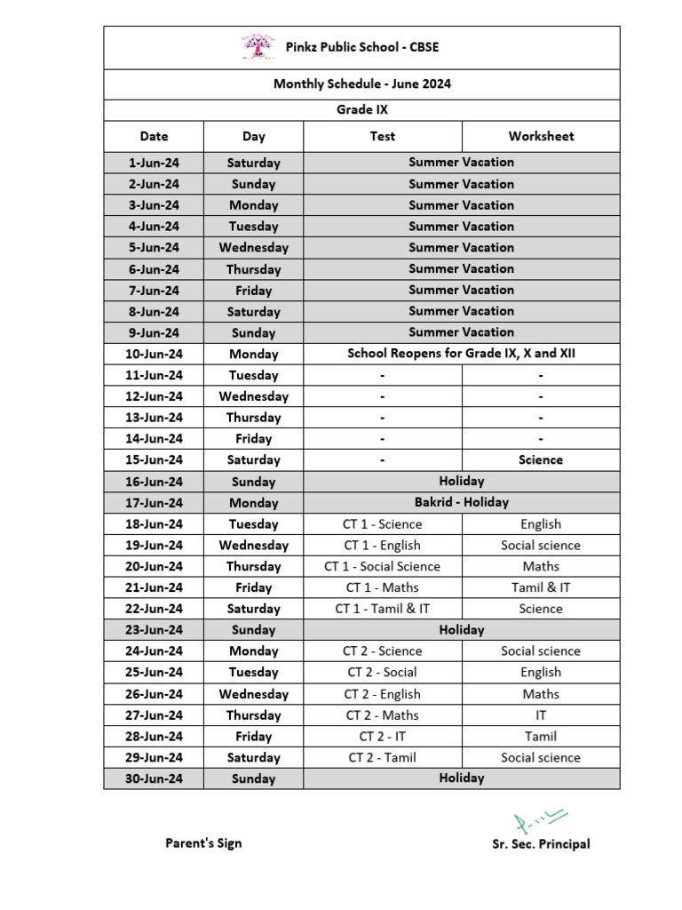 June 2024 Grade IX Schedule | PDF