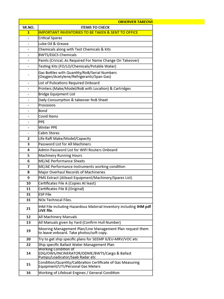 Vessel Takeover Checklist Overview | PDF