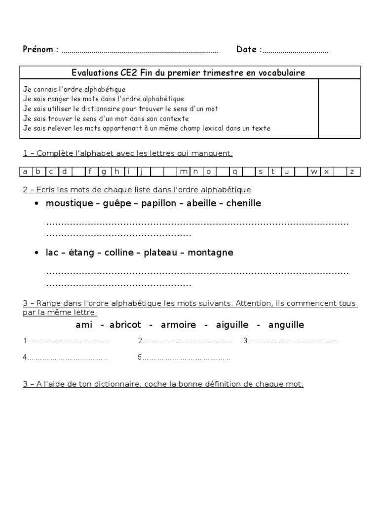 Evaluation Francais Ce2 1er Trimestre Pdf Evaluation 1ER Trimestre | PDF