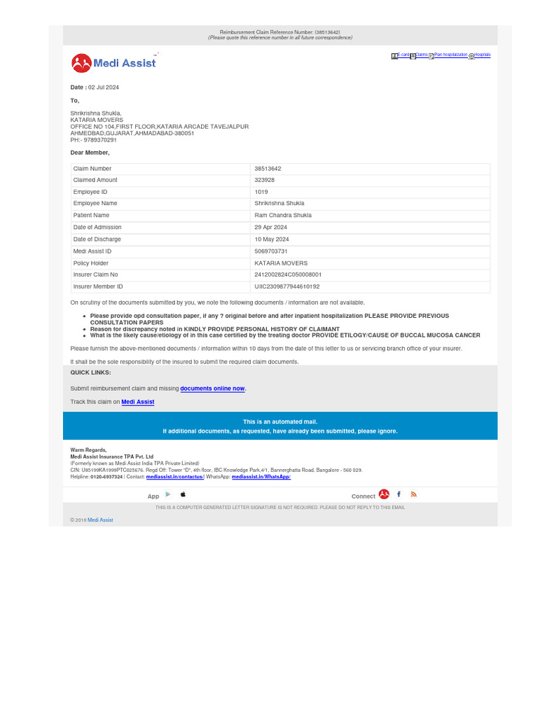 Claim Document Request for Medi Assist | PDF | Social Programs | Health ...