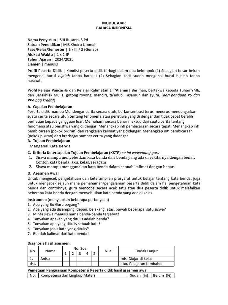 Modul Ajar Bahasa Indonesia Kelas III | PDF | Karier & Perkembangan ...