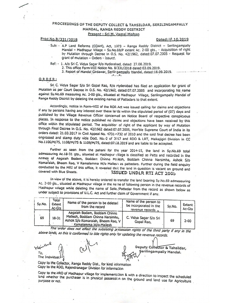 Madhapur 69 - 2 Deputy Collector Order | PDF