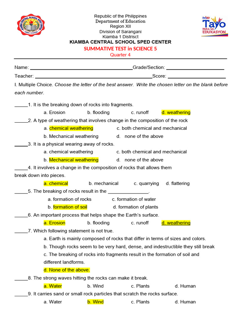 Science 5 Quarter 4 Summative Test | PDF | Tropical Cyclones | Moon