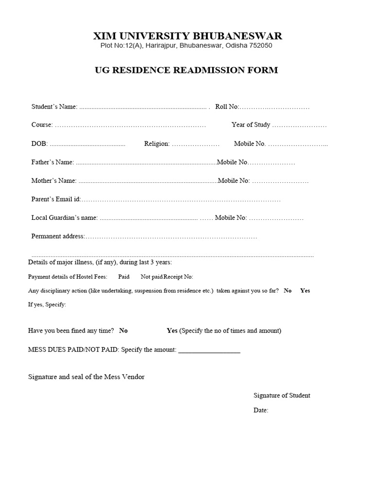 XIM University UG Residence Readmission Form | PDF | Justice | Crime ...