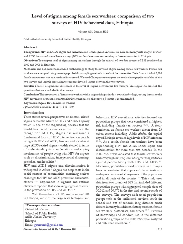 Level of Stigma Among Female Sex Workers in Ethopia, African Health ...