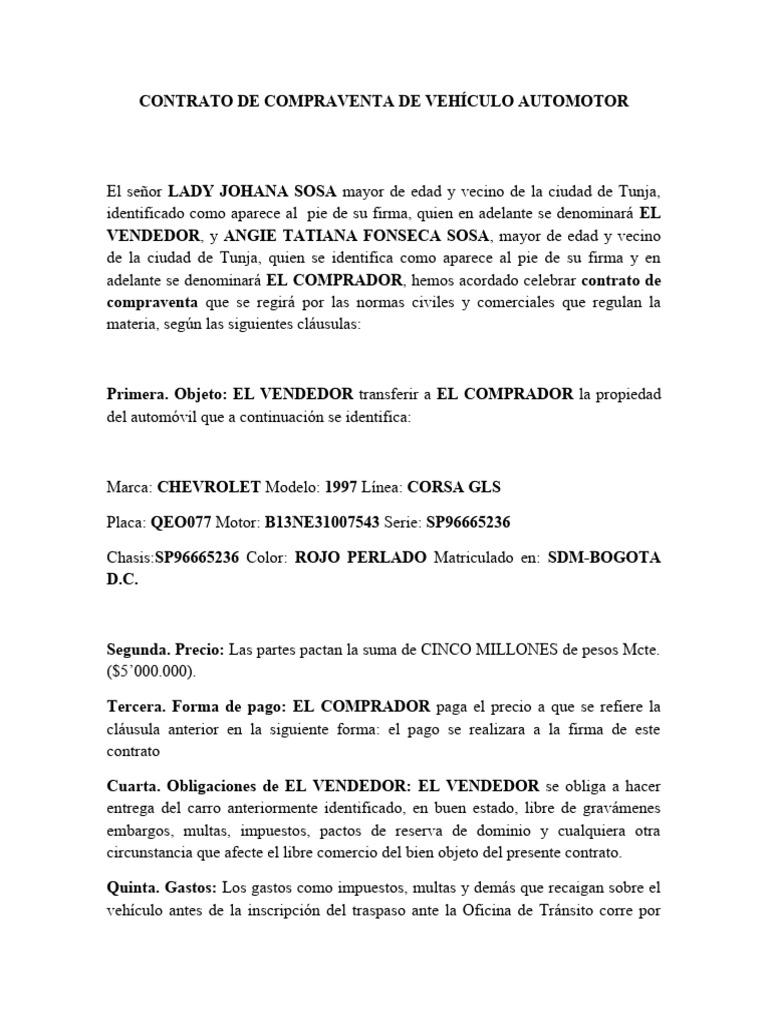 Contrato de Compra Venta de Vehículo - ANGIE | PDF