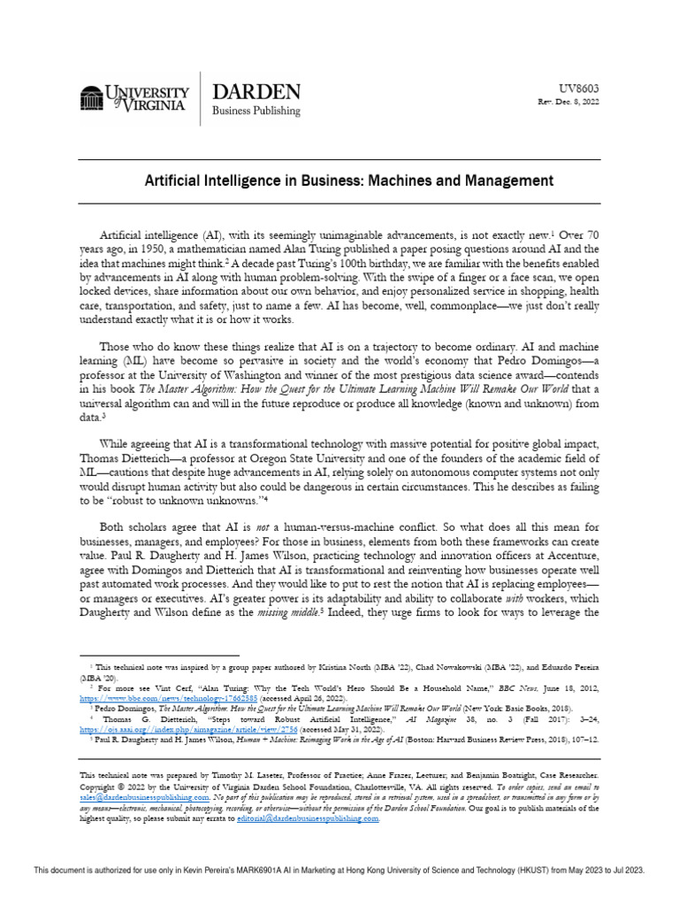 Artificial Intelligence in Business - Machines and Management - UV8603 ...
