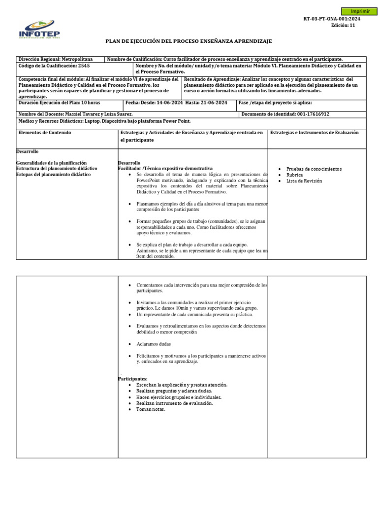 Plan de Ejecución del Proceso Educativo | PDF | Planificación | Evaluación